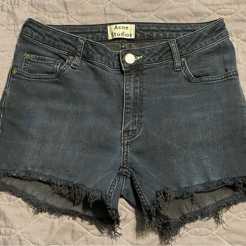 Acne Black Jean Shorts Distressed Raw-Edge